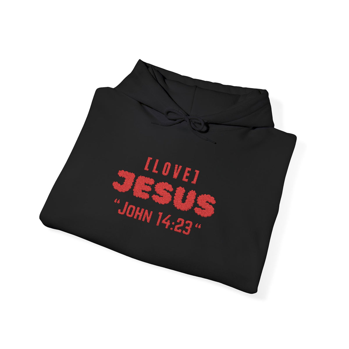 Black hoodie with red "I LOVE JESUS" and "JOHN 14:23" text, front pouch, drawstring hood.