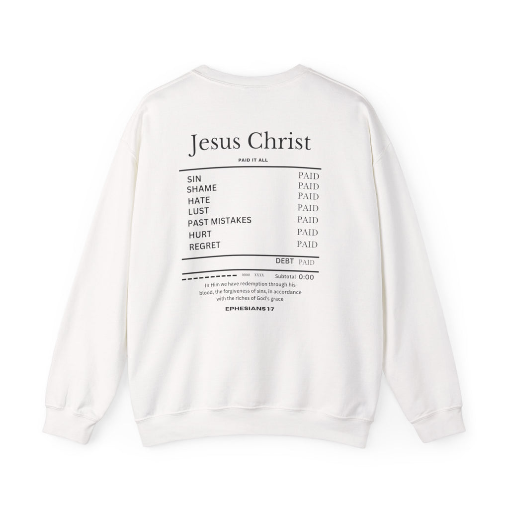 White crewneck sweater with back print featuring “Jesus Christ” text