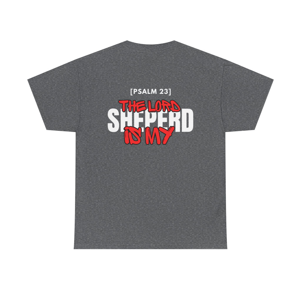 Dark heather gray T-shirt with colorful Psalm 23 graphic on back