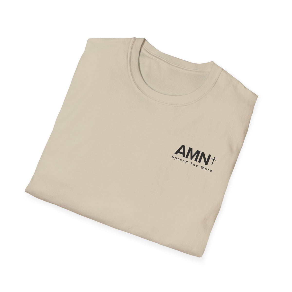 Beige T-shirt with small AMN+ logo on the chest