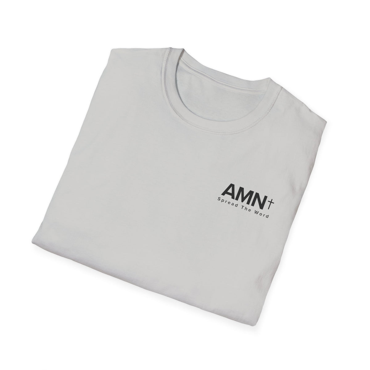 Light gray T-shirt with crew neck and small AMN+ chest logo