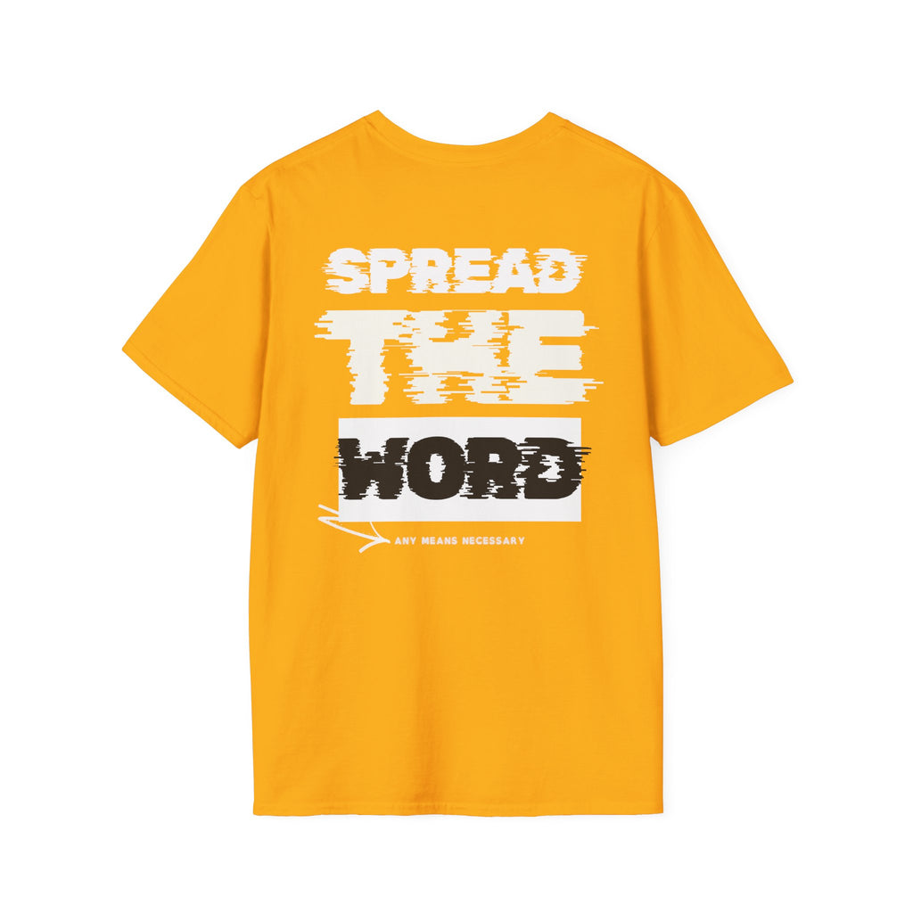 Orange T-shirt with large SPREAD THE WORD graphic print