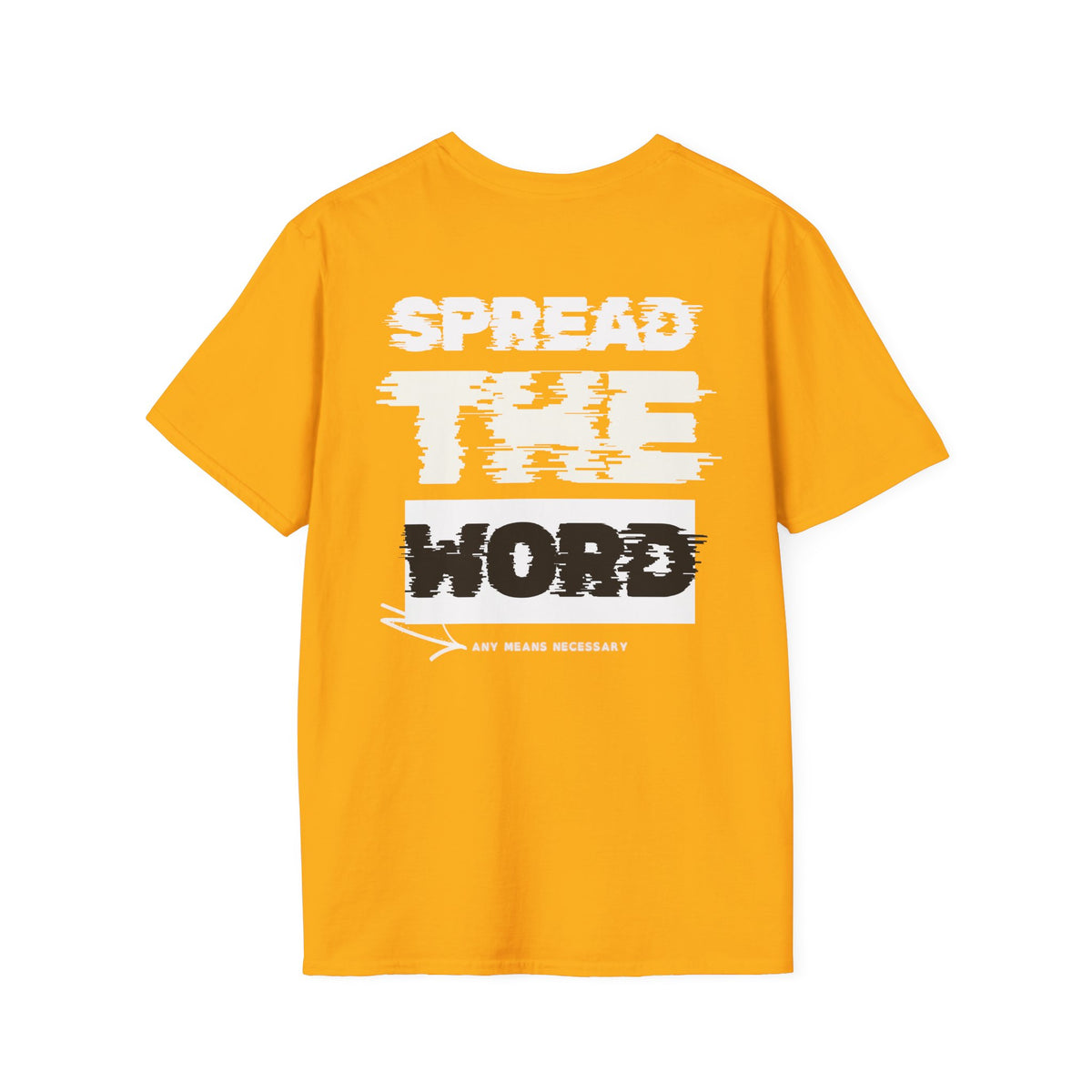 Orange T-shirt with large SPREAD THE WORD graphic print