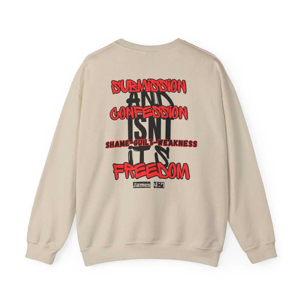 Beige crewneck sweater with long sleeves and back text graphic