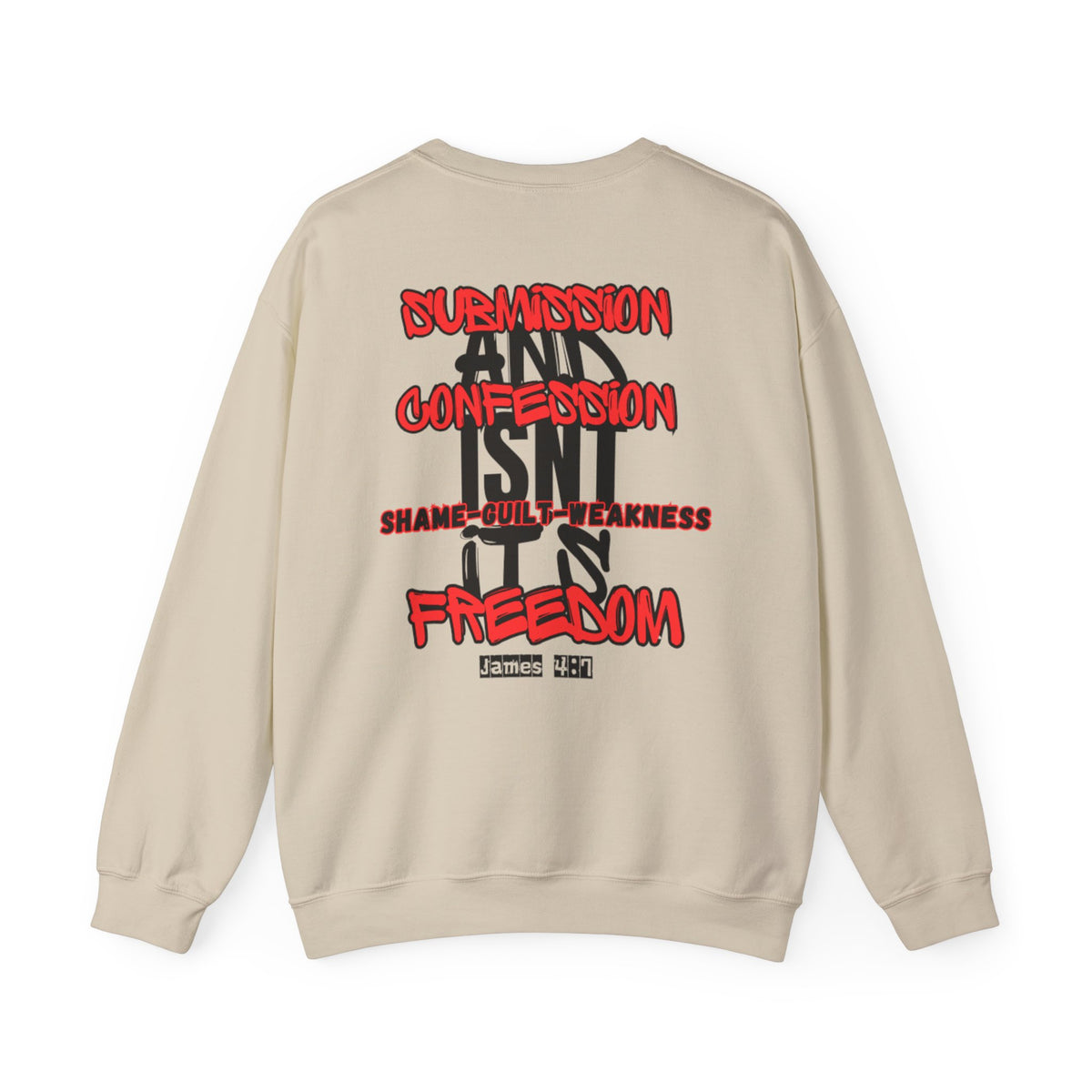 Beige crewneck sweater with long sleeves and back text graphic