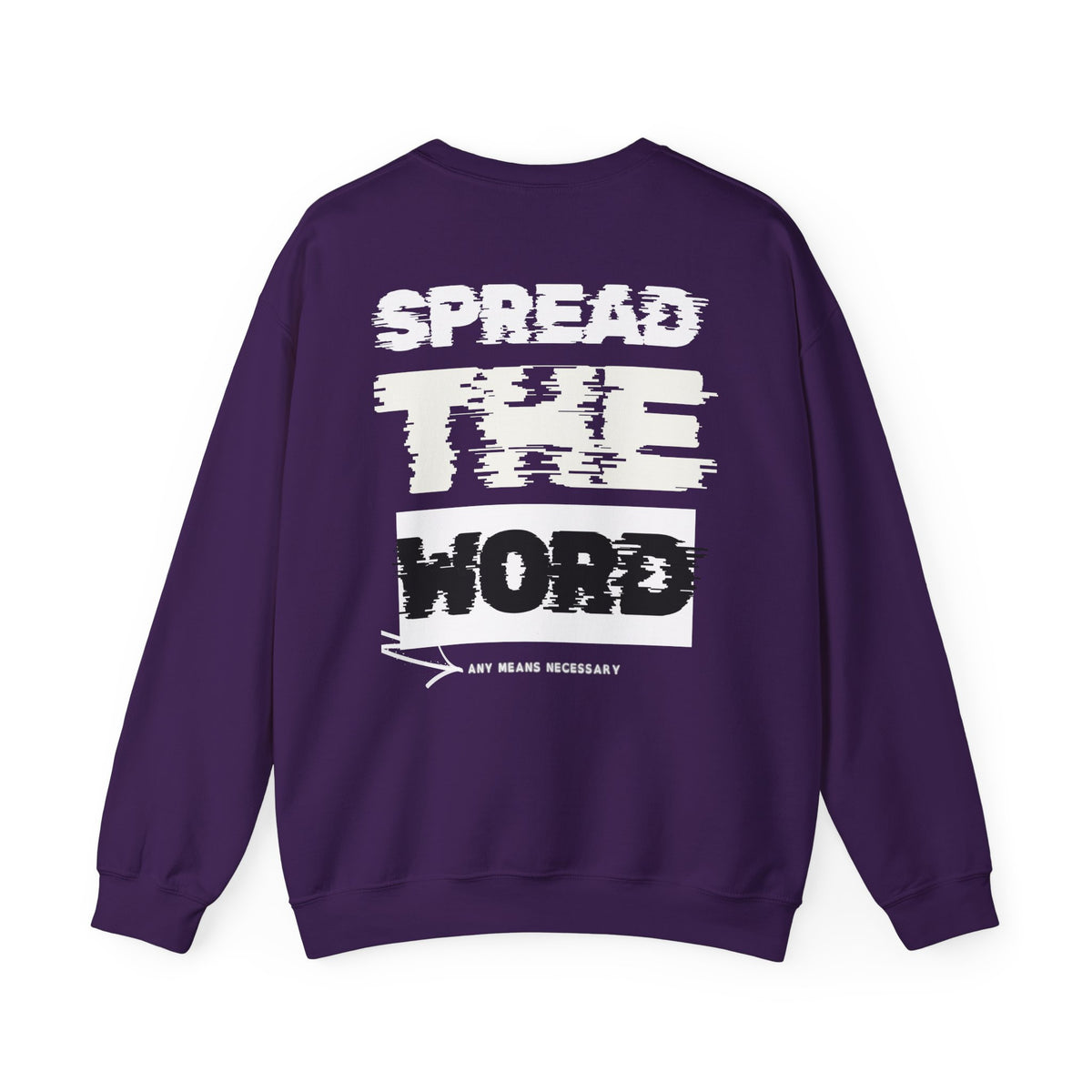 Purple crewneck sweatshirt with large back graphic text