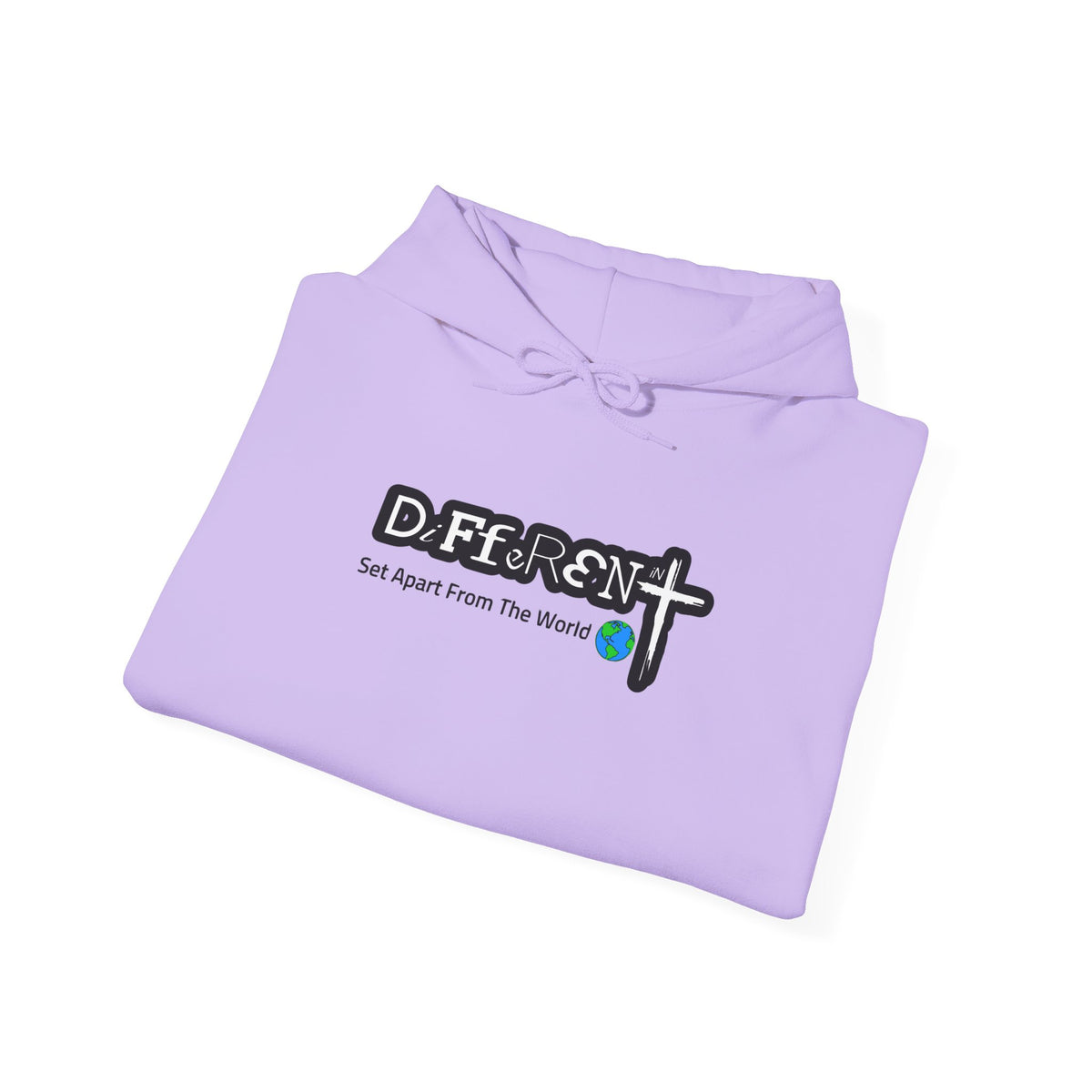 Lavender folded hoodie with DiFfeR3Nt cross logo and Set Apart From The World text