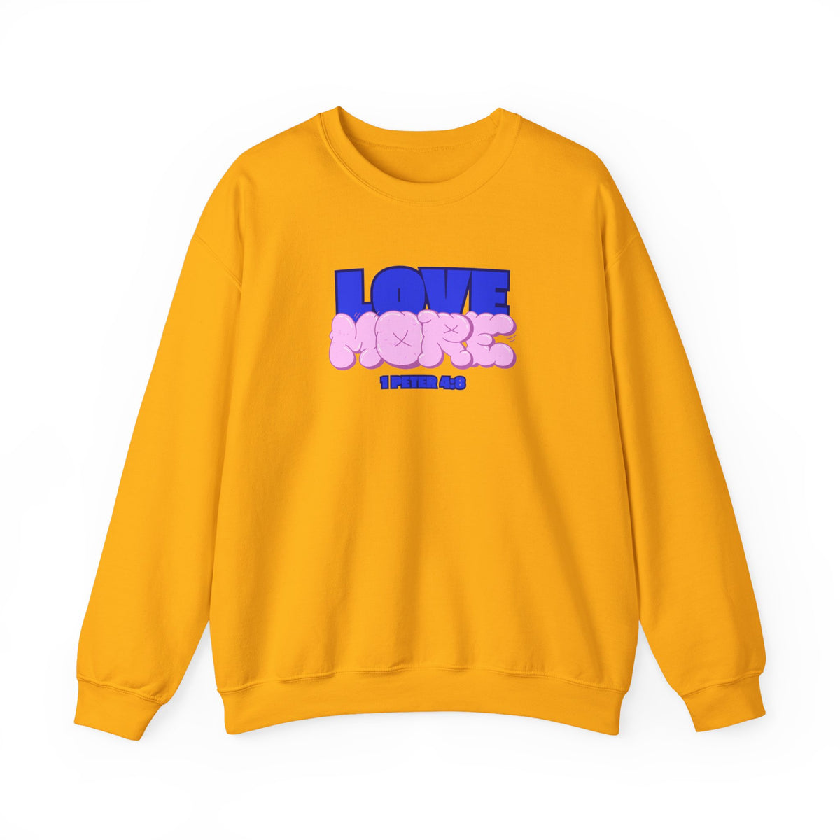 Gold crewneck sweater with long sleeves; pink LOVE graphic and text on front