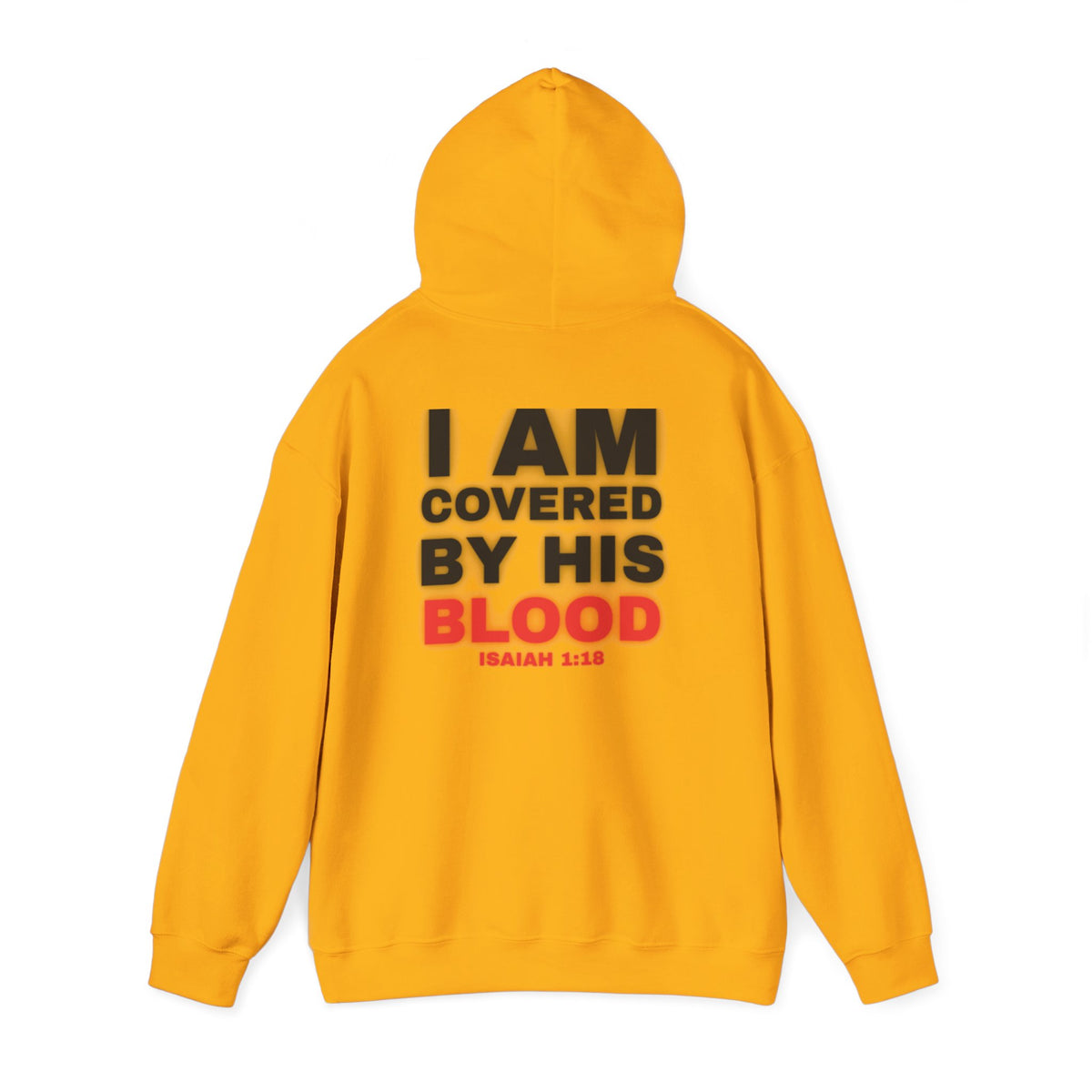 Yellow pullover hoodie with front pocket and back text graphic