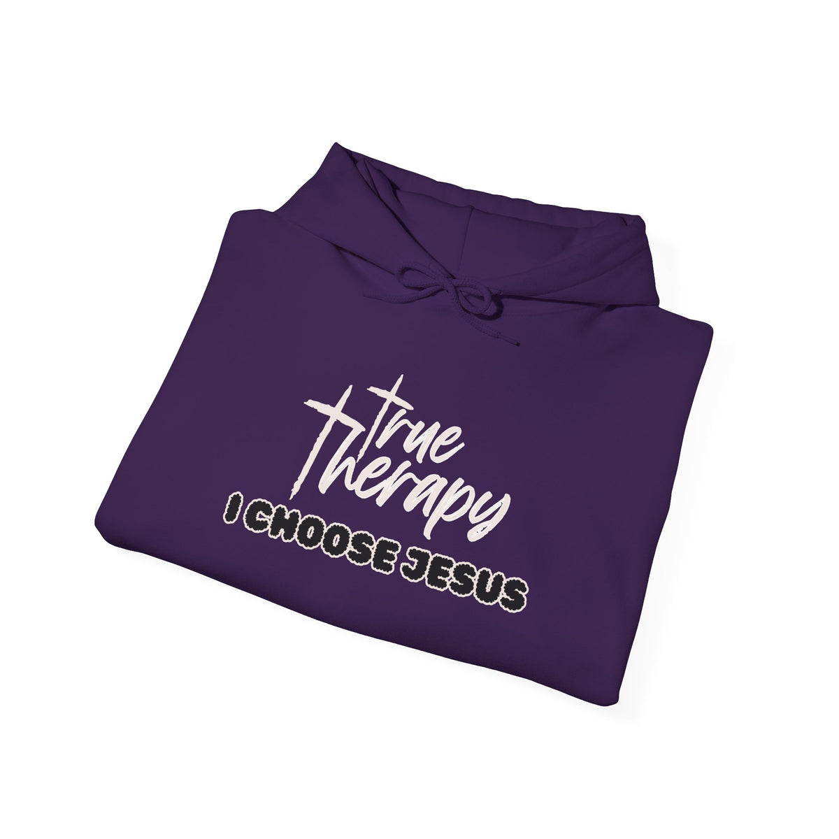 Purple hoodie with hood and kangaroo pocket, 'True Therapy Chooses Jesus' front graphic