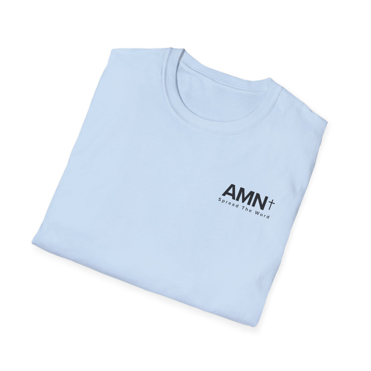 Light blue T-shirt with small AMN+ logo on the front