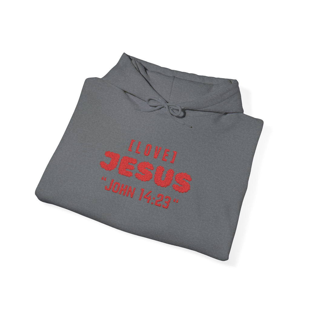 Gray hoodie with red "I LOVE JESUS" and "JOHN 14:23" text, front pouch, drawstring hood.