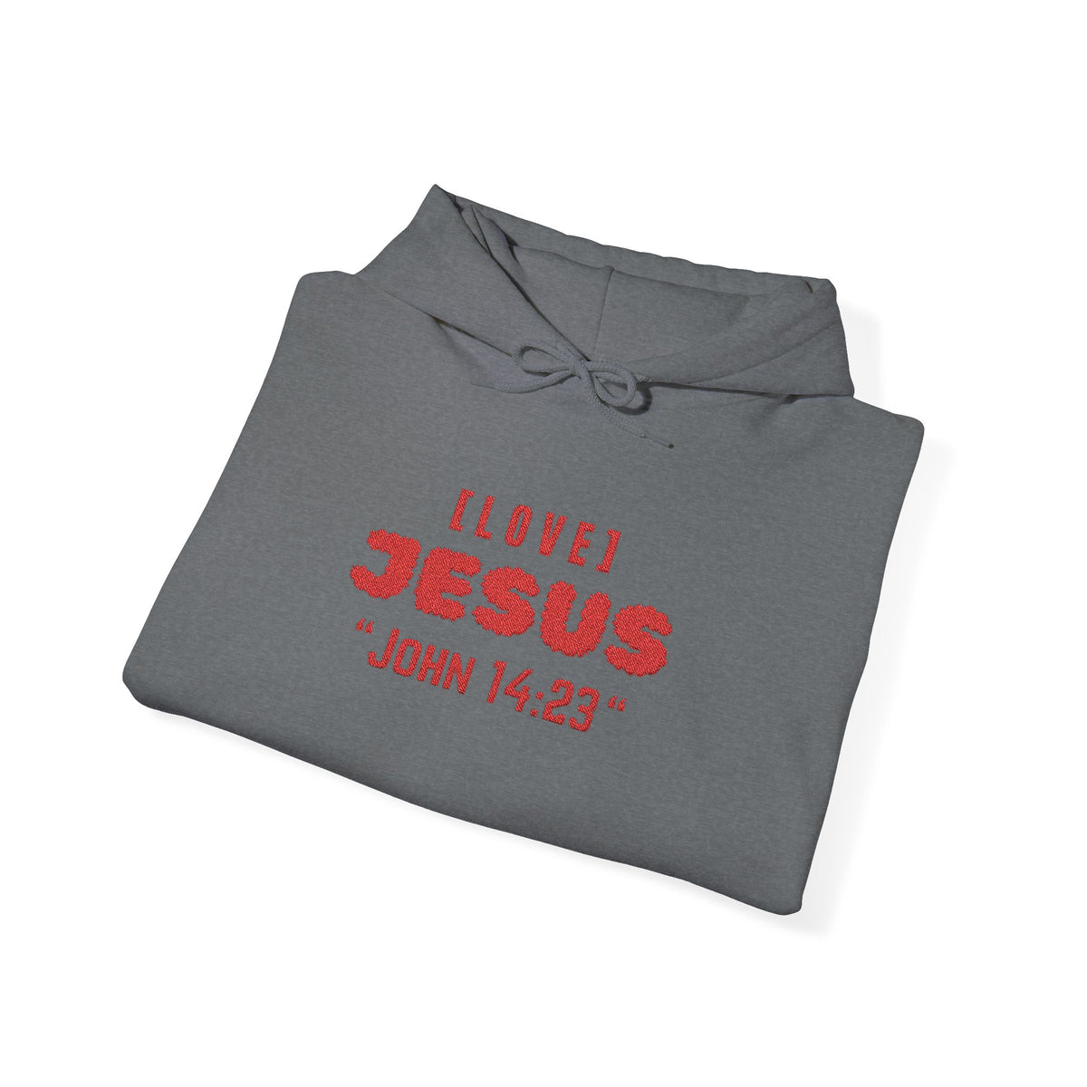 Gray hoodie with red "I LOVE JESUS" and "JOHN 14:23" text, front pouch, drawstring hood.