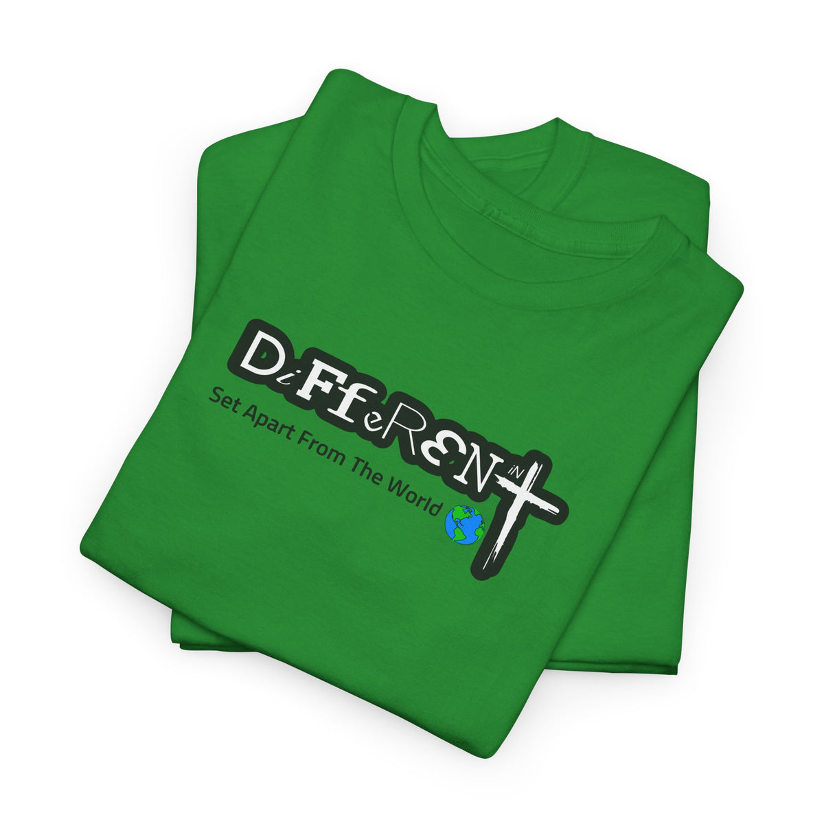 Green T-shirt with DiFfeR3Nt front graphic and globe icon