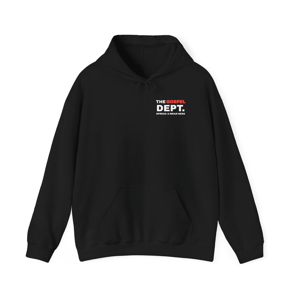 Gospel Dept. hoodie, black, front view with hood, pouch pocket, and logo print