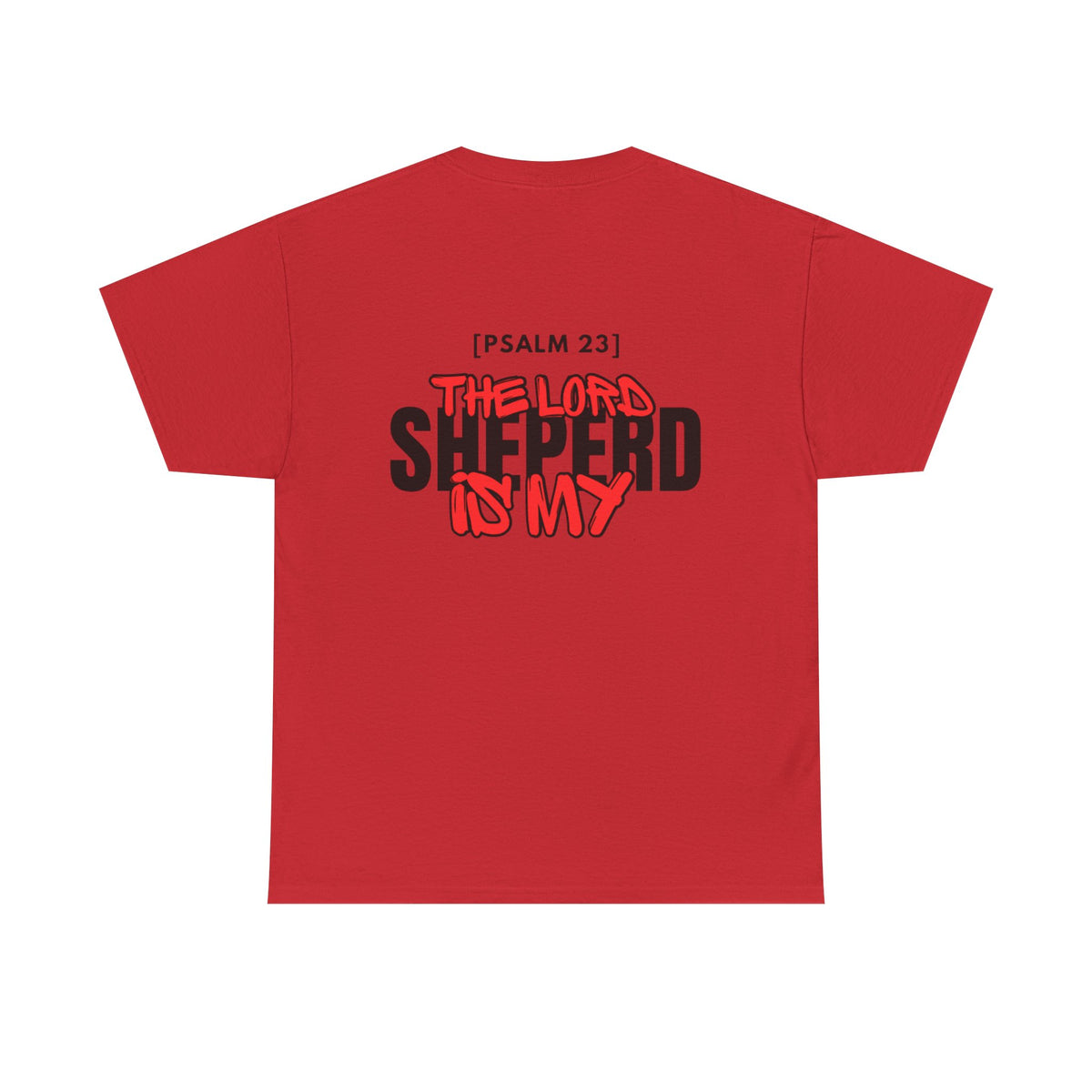 Red T-shirt with Psalm 23 "The Lord is my Shepherd" graphic
