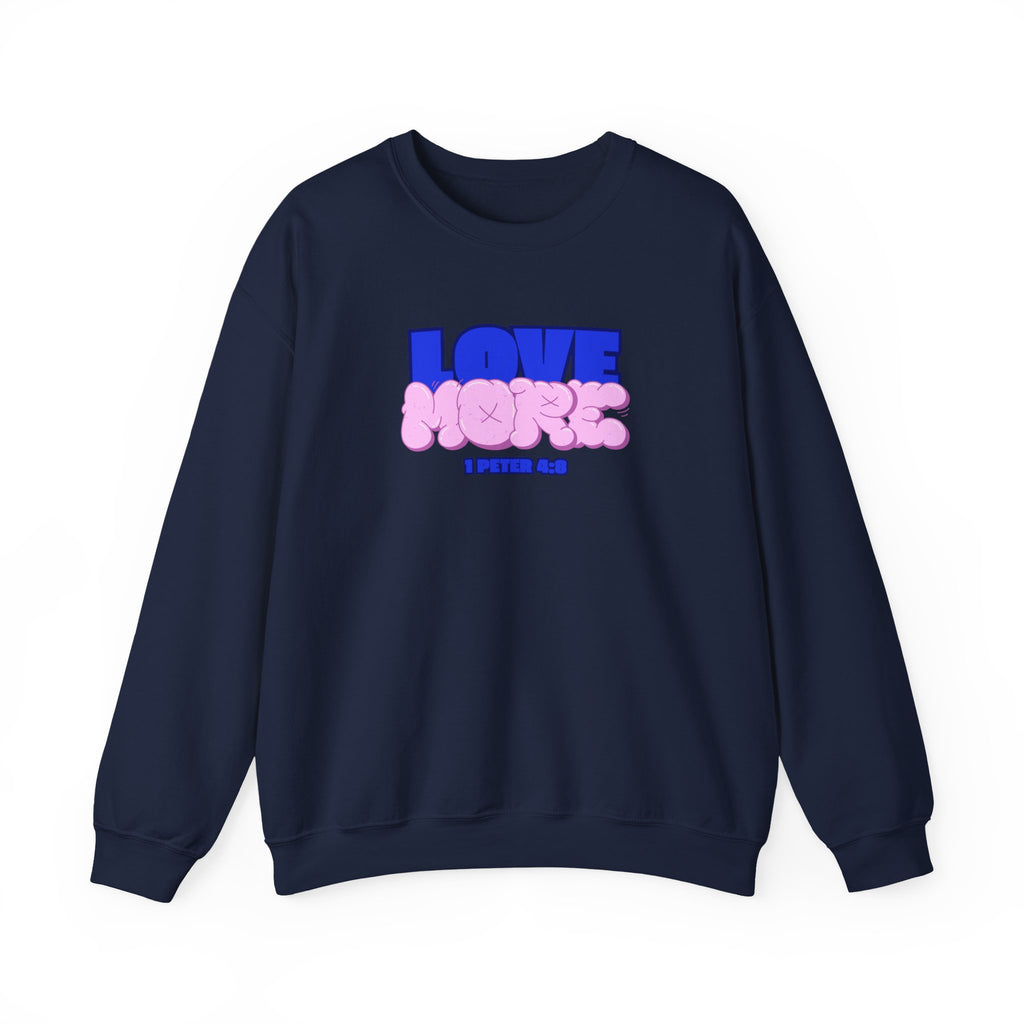 Love More sweater in navy, crewneck with blue LOVE graphic and pink plush-style shapes