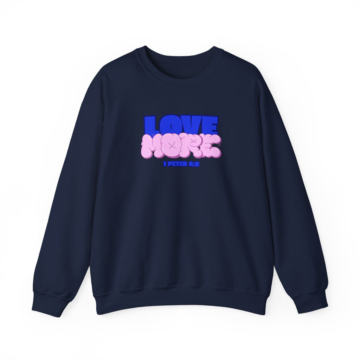 Love More sweater in navy, crewneck with blue LOVE graphic and pink plush-style shapes