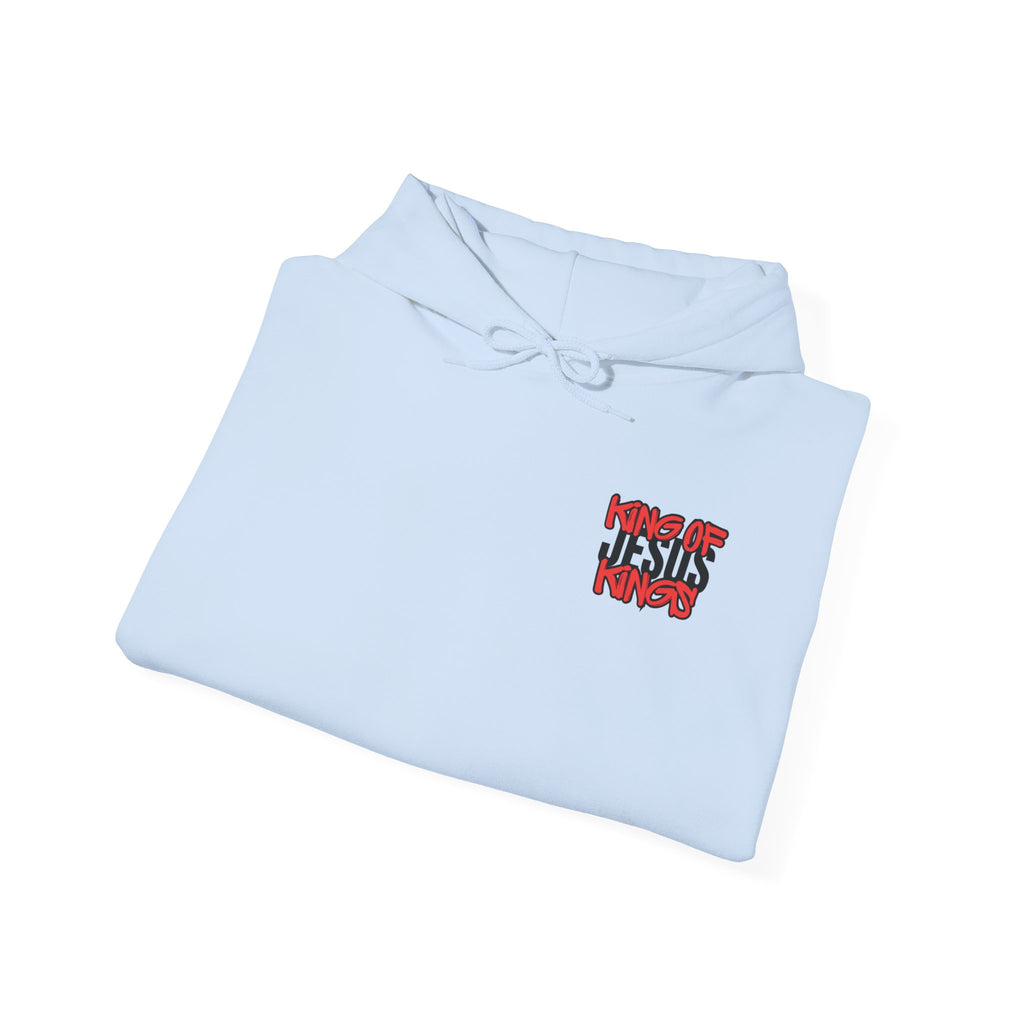 Light blue hoodie folded; hood with drawstring and small chest graphic
