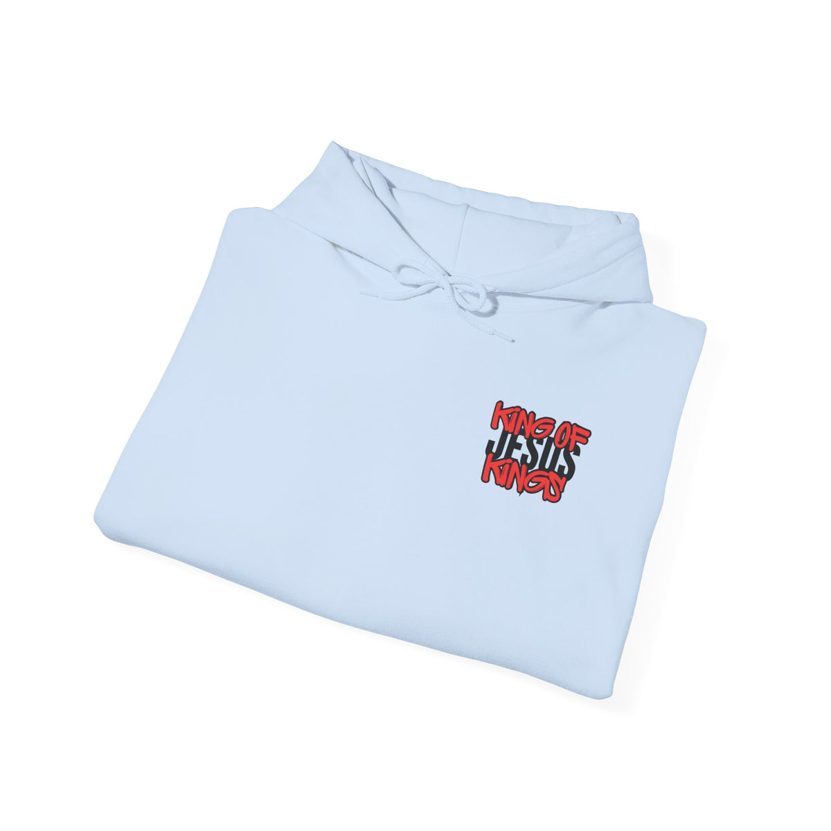 Light blue hoodie folded; hood with drawstring and small chest graphic