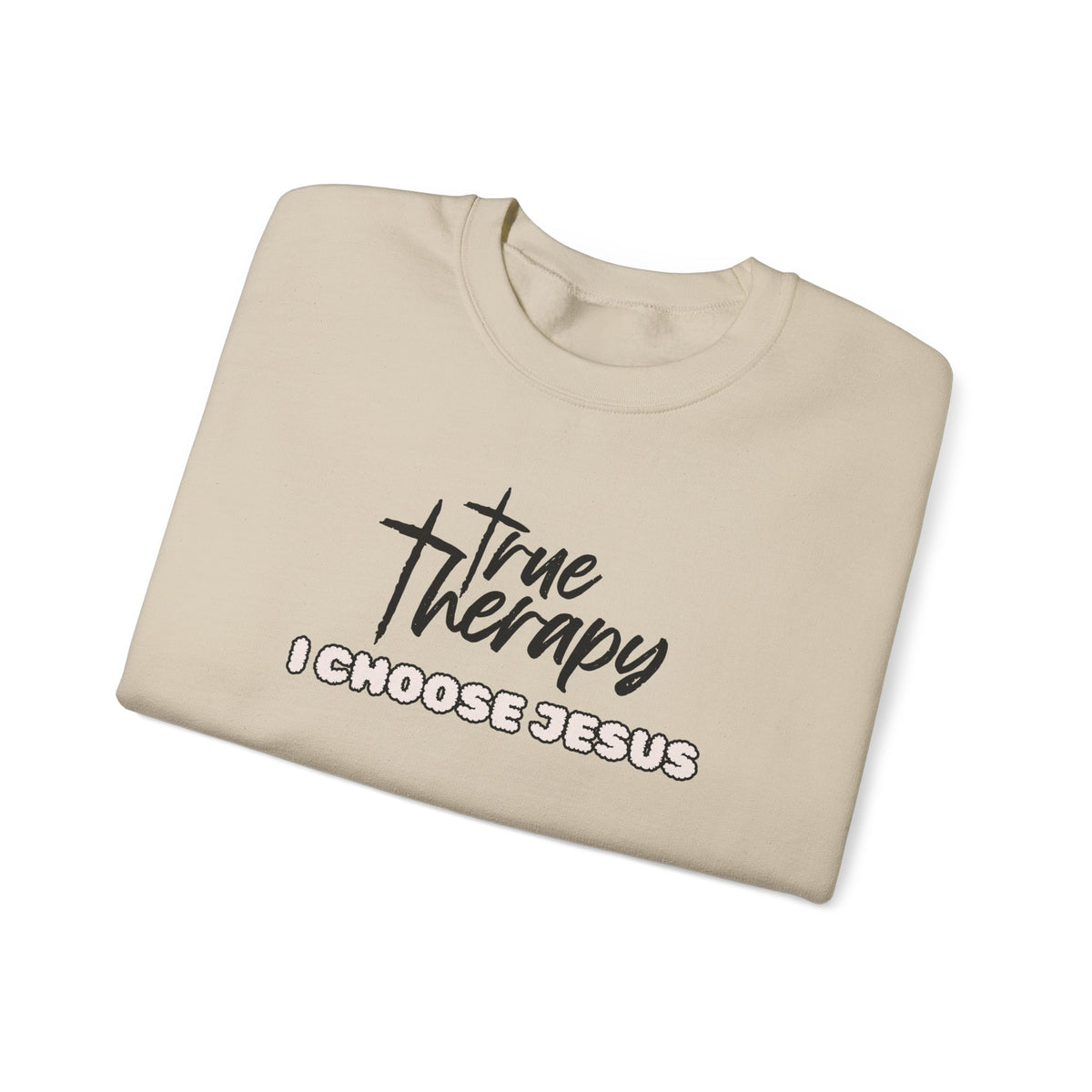 Beige crewneck sweater with front True Therapy graphic and “I CHOOSE JESUS” text