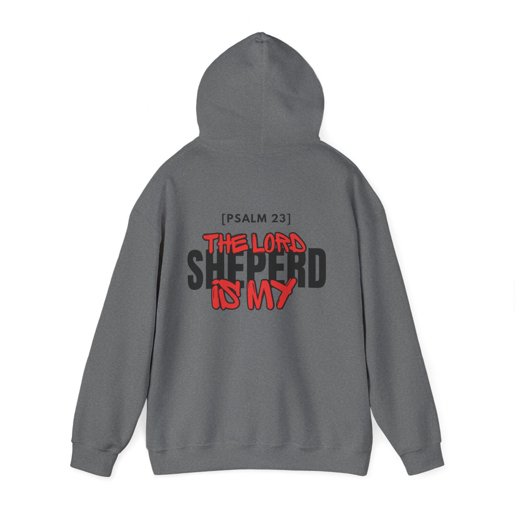Gray hoodie with drawstring hood, kangaroo pocket, and red-and-gray front text graphic