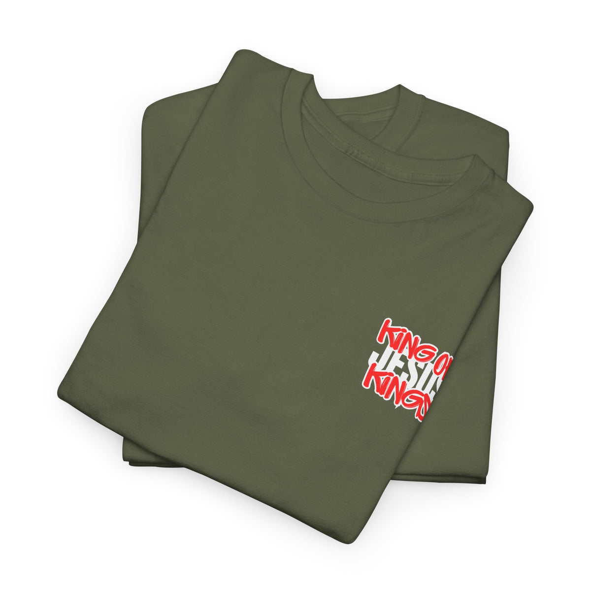 Olive green crewneck T-shirt with small red-and-white text graphic on chest