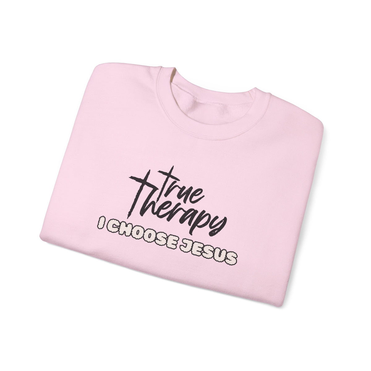 Light pink crewneck sweater with front logo text graphic