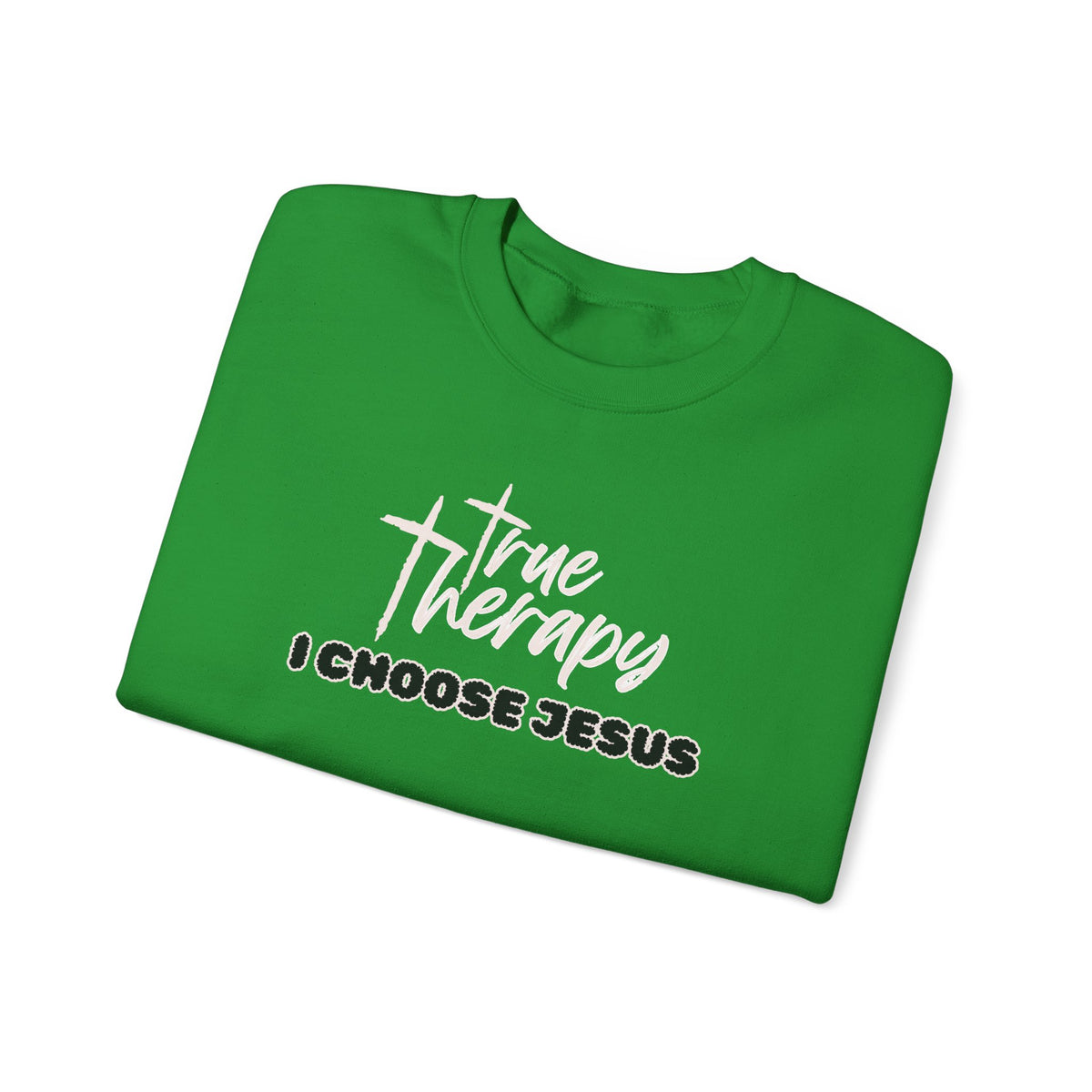 Green crewneck sweater with front logo text graphic