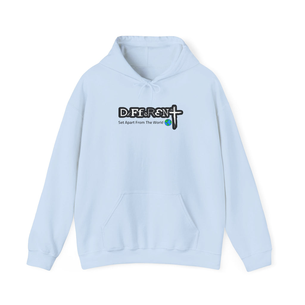 Light blue hoodie with front hood and kangaroo pocket, logo graphic on chest