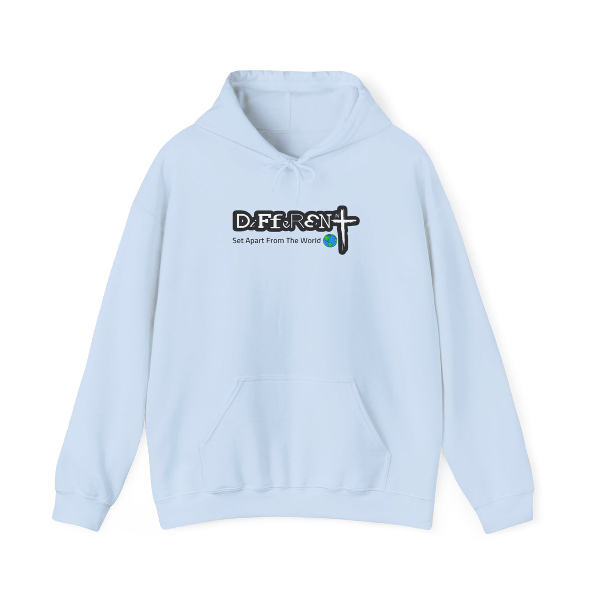 Light blue hoodie with front hood and kangaroo pocket, logo graphic on chest