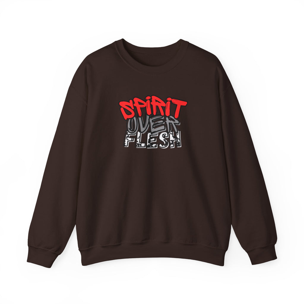 Dark brown crewneck sweater with Spirit Over Flesh graphic print on chest