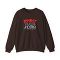 Dark brown crewneck sweater with Spirit Over Flesh graphic print on chest