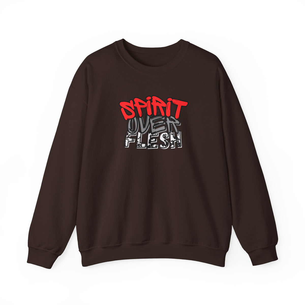 Dark brown crewneck sweater with Spirit Over Flesh graphic print on chest
