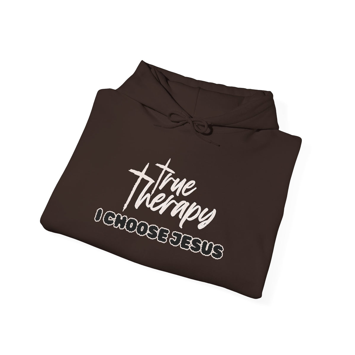 Dark brown hoodie with drawstring hood and “I choose Jesus” front graphic