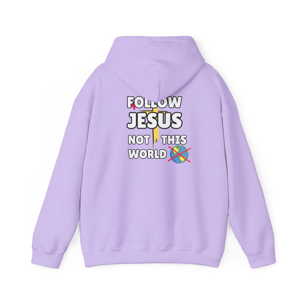 Lavender hoodie with hood and Follow Jesus Not This World graphic
