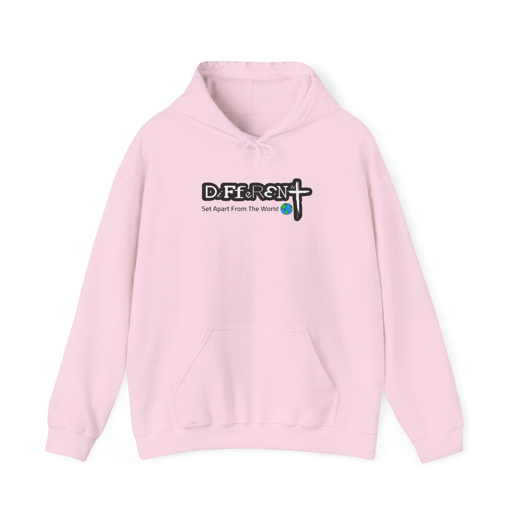 Light pink hoodie with front hood and kangaroo pocket, logo graphic on chest
