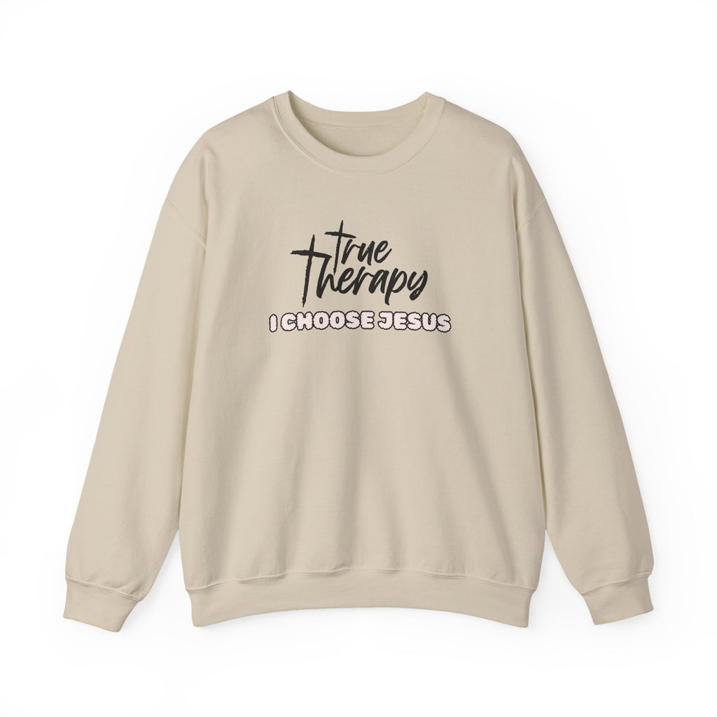 Beige crewneck sweater with black “True Therapy I CHOOSE JESUS” front graphic