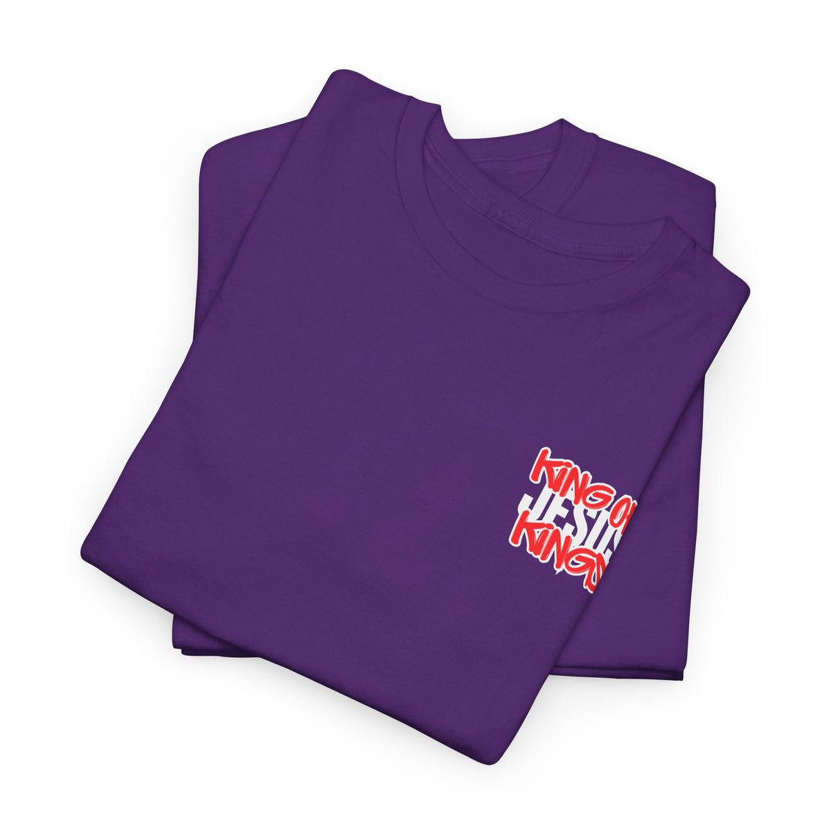Purple T-shirt stack with crew neck, small chest graphic partially visible