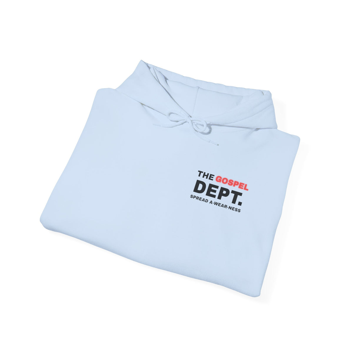 Light blue hoodie folded with hood, drawstring, and "THE GOSPEL DEPT" chest logo.