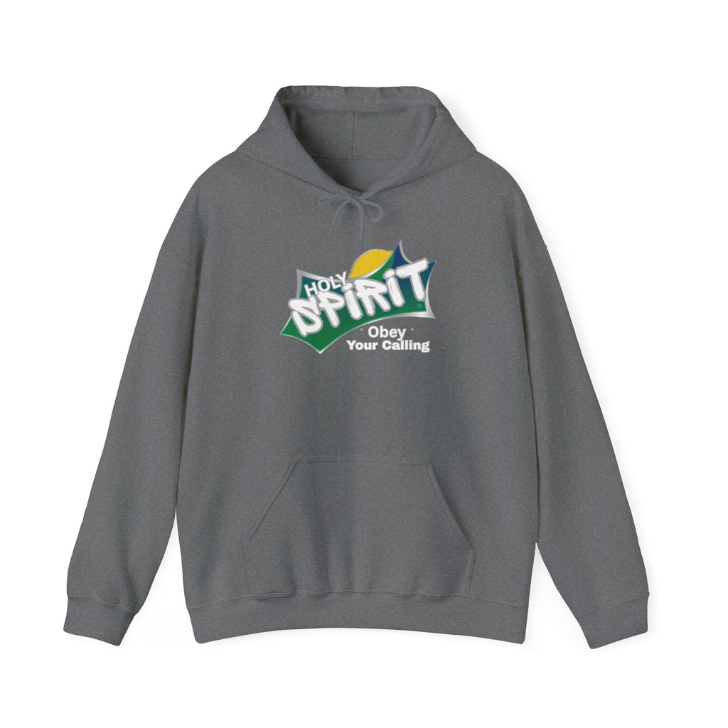 Graphite pullover hoodie with front pouch pocket, drawstring hood, and Spirit logo graphic