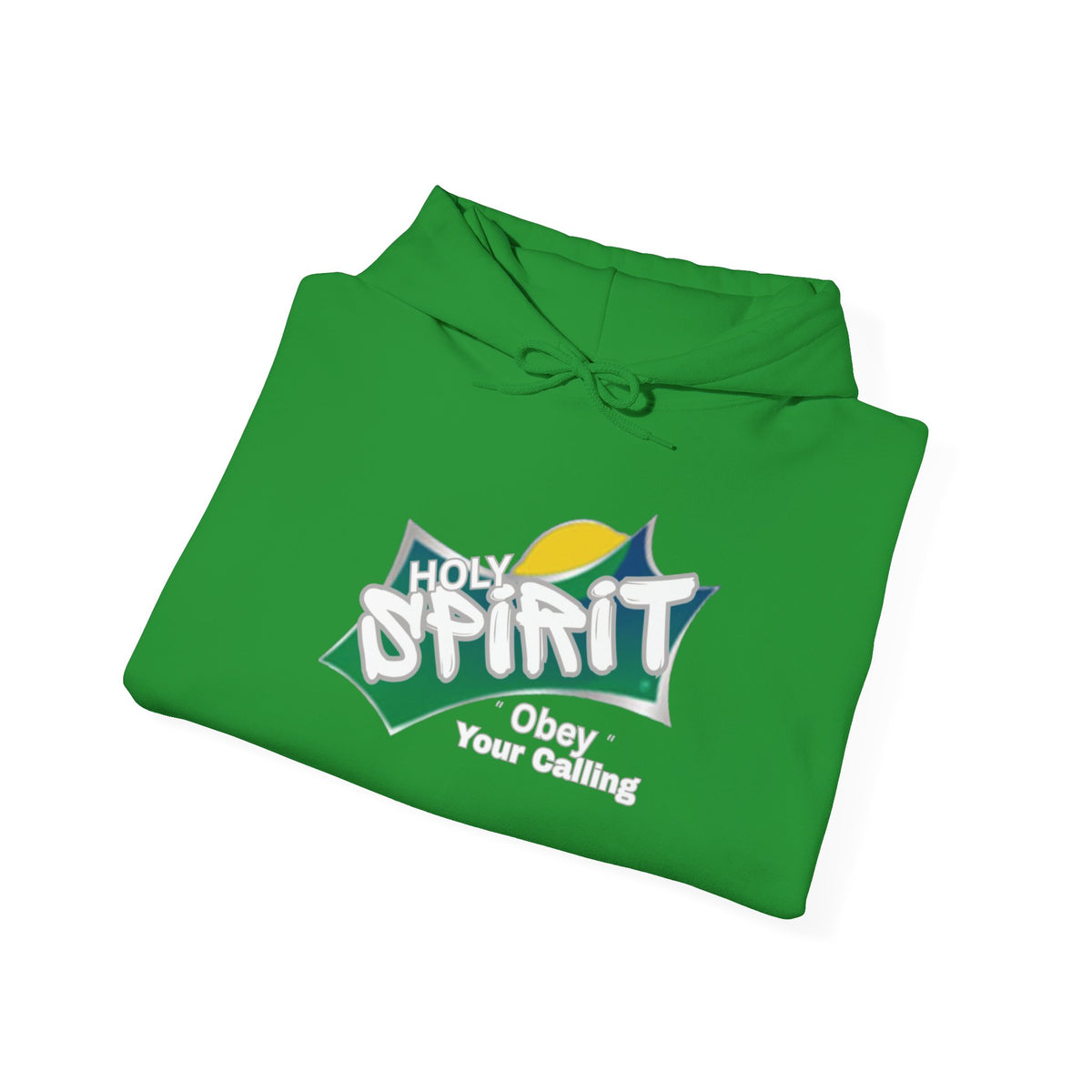 Green pullover hoodie, laid flat, with Spirit logo and drawstring hood