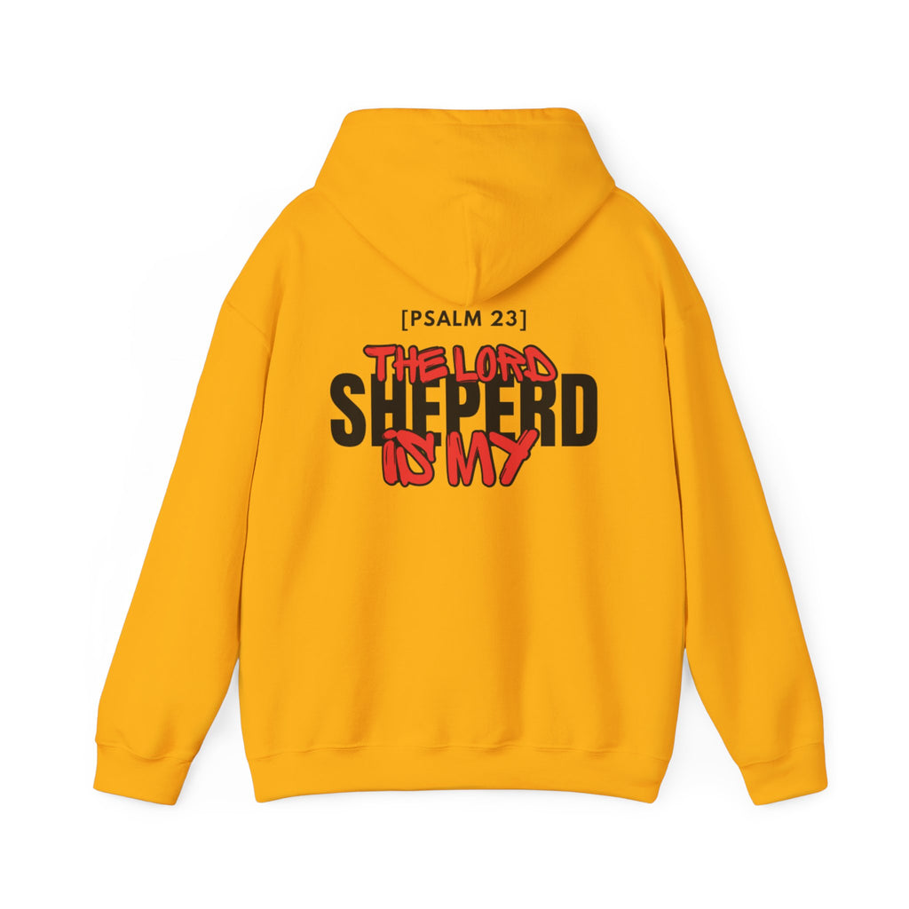 Mustard yellow pullover hoodie with Psalm 23 graphic on the back