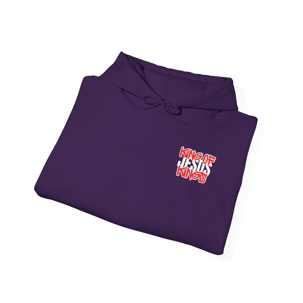 Purple hoodie with front graphic logo and drawstring hood