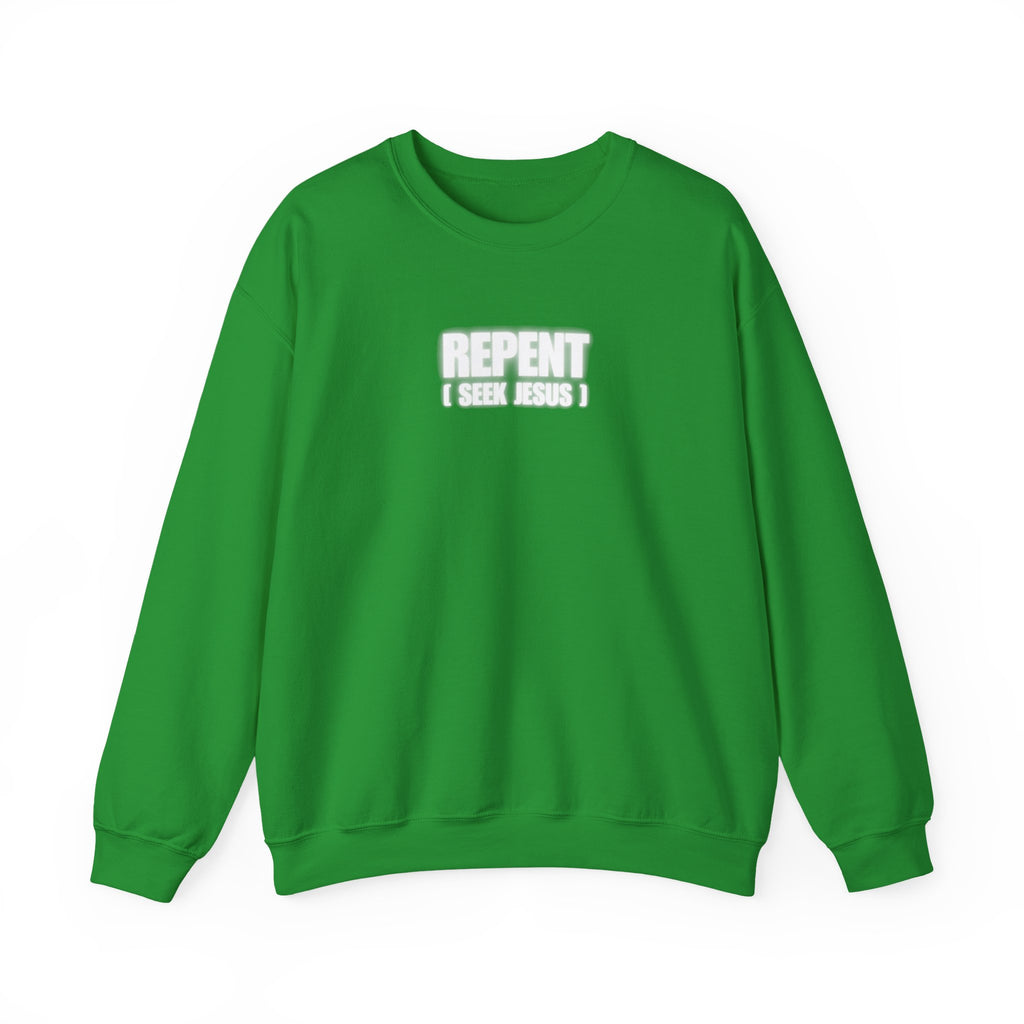 Green crewneck sweater with front text logo reading “REPENT I SEEK JESUS”