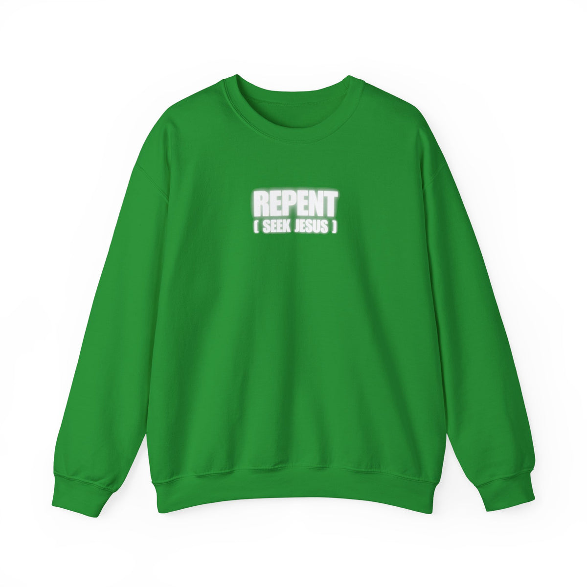 Green crewneck sweater with front text logo reading “REPENT I SEEK JESUS”
