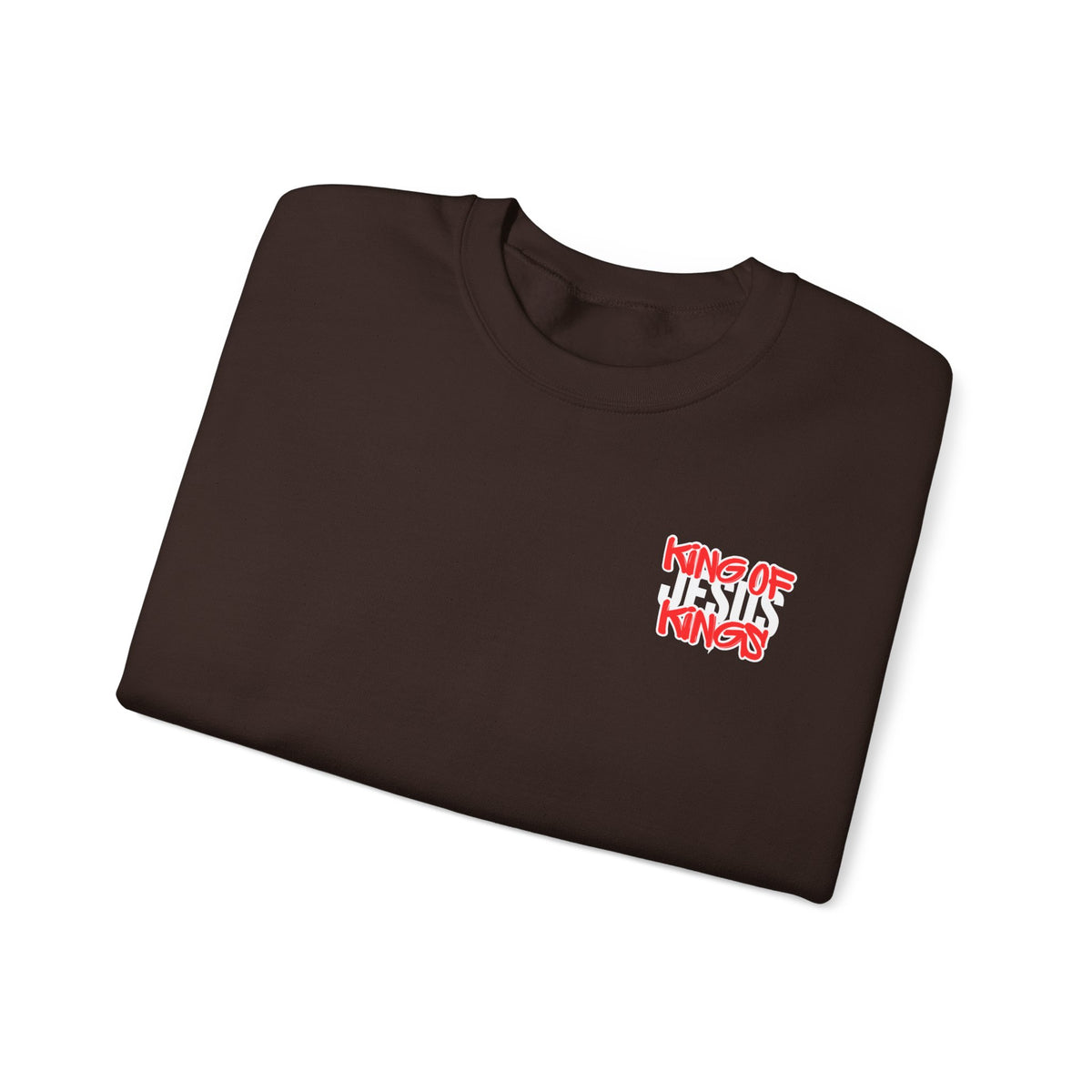 Dark chocolate crewneck sweater with small red front graphic