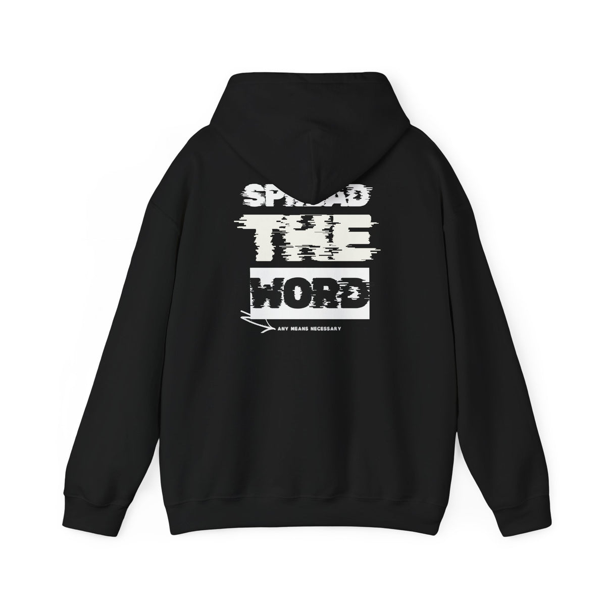 Black hoodie with hood, long sleeves, and large back graphic print.