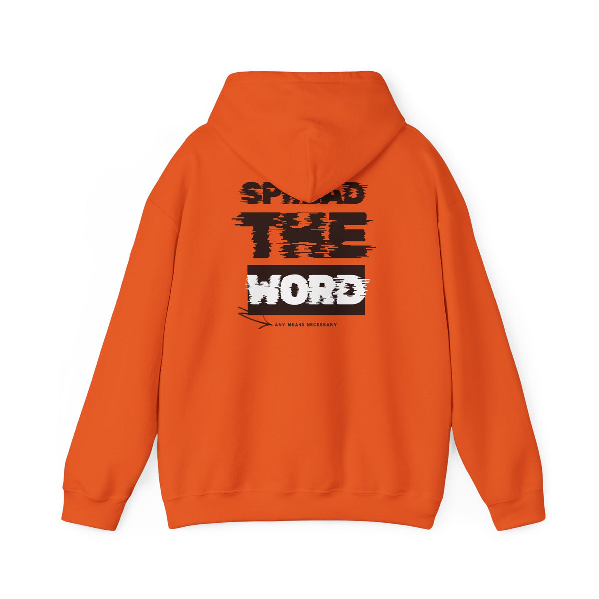 Orange pullover hoodie with large front graphic text print
