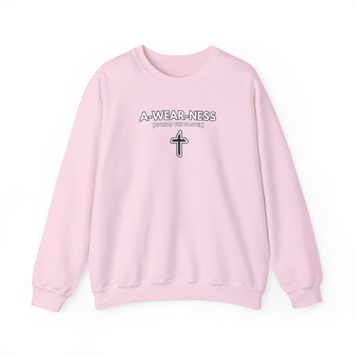 Light pink crewneck sweater with front cross graphic